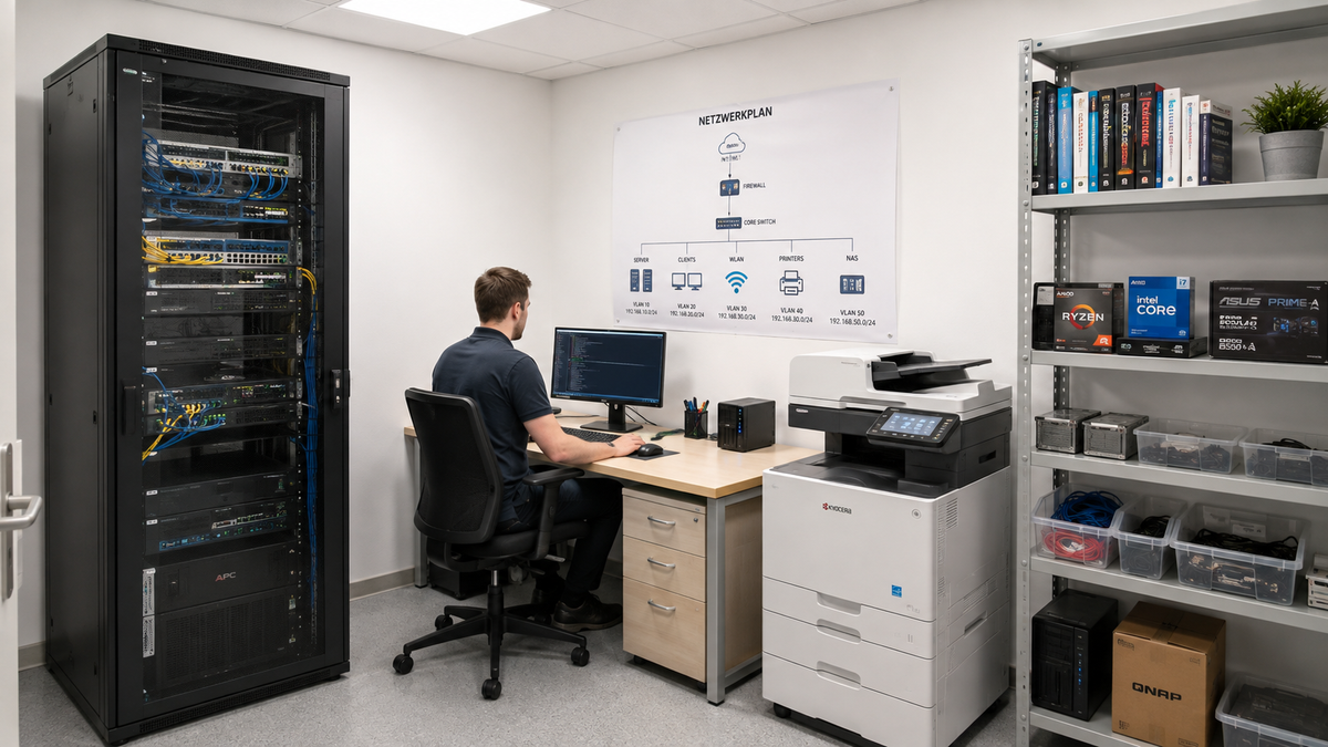 Serverraum mit Serverrack, Techniker und Regal