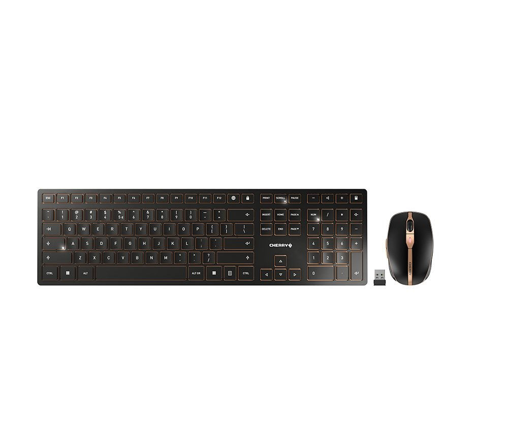 CHERRY Desktop DW 9100 SLIM US/EU WL AES black/copper BT Lithium Akku - wochenlange Nutzung ohne Auf