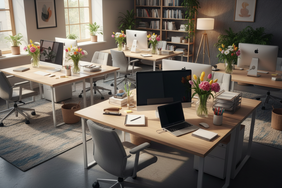 Moderner Büroarbeitsplatz mit Computern und Notebooks